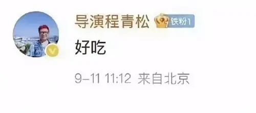 ▲程青松在于朦朧墜樓當天曾發文「好吃」兩次，隨後馬上刪除，讓外界質疑知情其身亡內幕。（圖／導演程青松 微博）