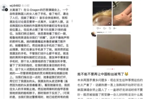 ▲在GD巴黎演唱會觀眾席，中國粉絲毆打韓國粉絲，小紅書有人直呼丟臉，但也有中國帳號在Threads反擊稱是韓粉先動手。（圖／翻攝自Threads、小紅書）