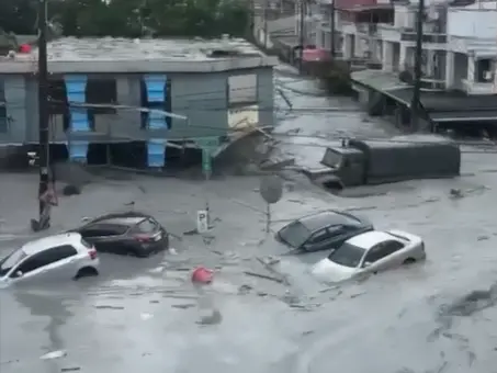 ▲大量泥水灌進花蓮市區，連汽車都隨之漂流，淹水情況十分嚴重。（圖／翻攝畫面）