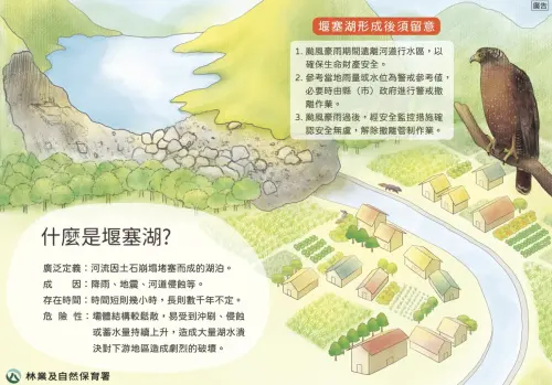 ▲當山崩發生時，土石會從山體崩落、堵塞河道，並逐漸堆積，當河流被土石堵塞後，就會在上游地區形成天然湖泊。（圖／林務局提供）