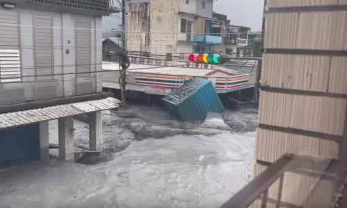 花蓮大貨櫃被洪水沖走砸7-11招牌！1樓全被淹　網友：店員還好嗎
