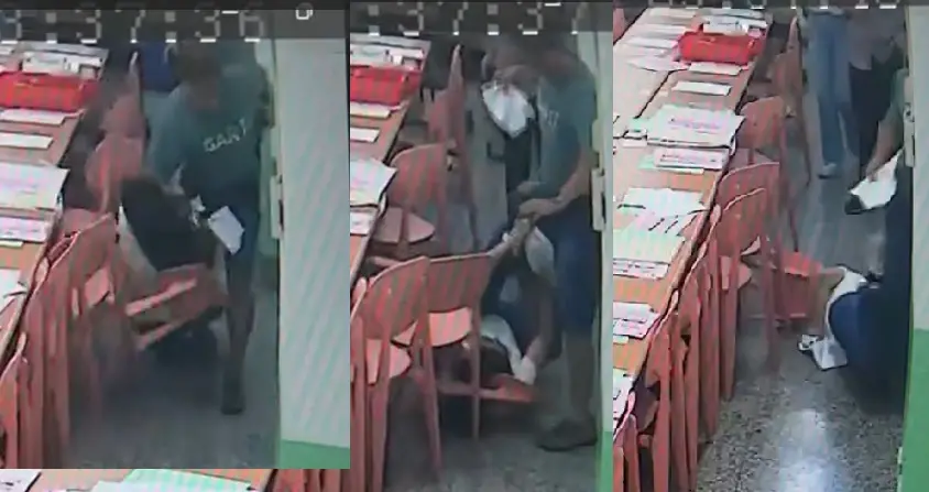 ▲老師與校長為搶減課名單發生衝突，女校長被椅子絆倒後頭部著地，接著再遭拖行。（圖／讀者提供，2025.09.23）