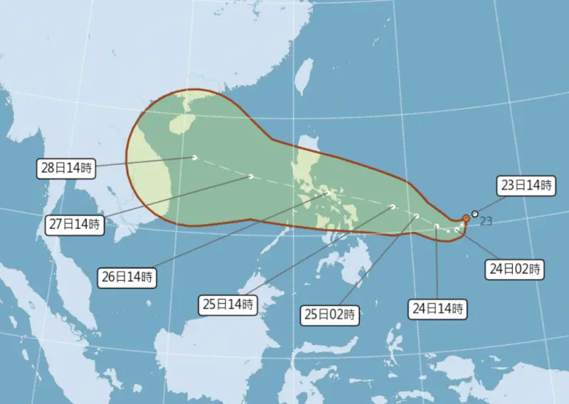 ▲菲律賓東方海面有另一個熱帶性低氣壓在發展，將增強為颱風「博羅依」，路徑朝菲律賓移動，距離台灣較遠，直接影響機率不高。（圖／中央氣象署cwa.gov.tw）
