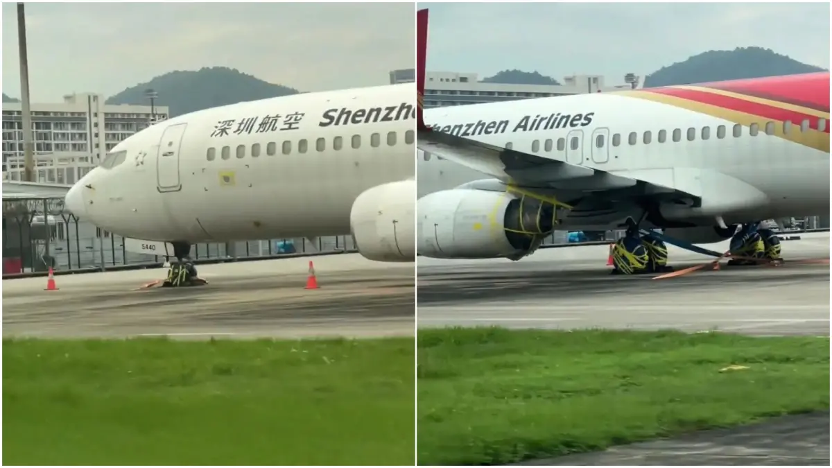 ▲強烈颱風「樺加沙」持續逼近中國華南沿海地區，各個城市進行防颱措施。停留在深圳機場的飛機被「五花大綁」。（圖／翻攝自微博）