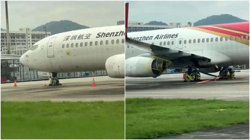樺加沙颱風逼近！深圳機場飛機被「五花大綁」　網友：這解得開嗎