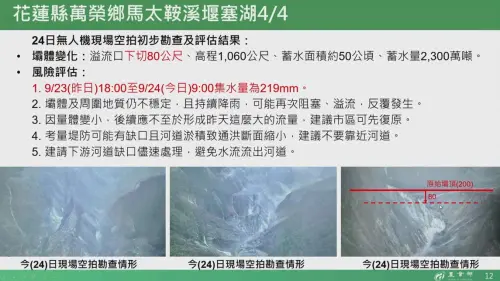 ▲林業保育署公布馬太鞍溪堰塞湖最新無人機空拍畫面，蓄水量預估已經減少75%。（圖／中央災害應變中心YouTube）