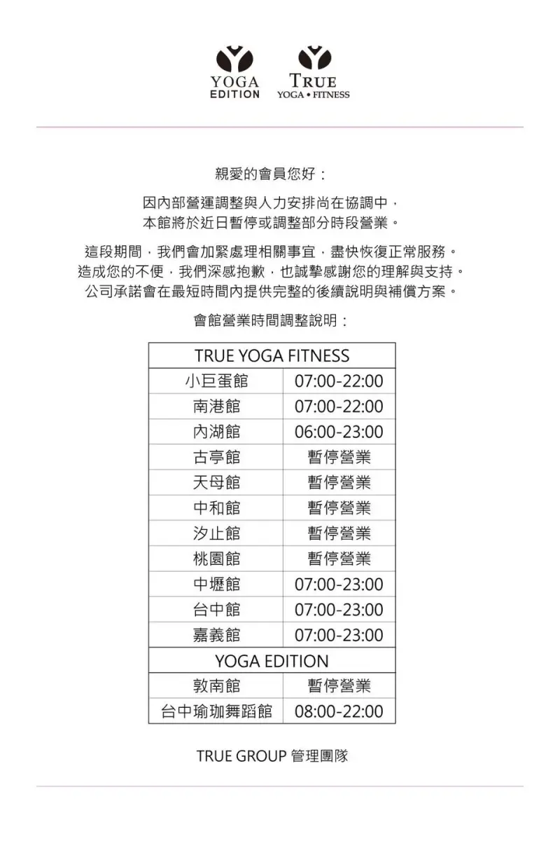    ▲連鎖健身房「全真瑜珈健身（TRUE YOGA FITNESS）」突宣布古亭館、天母館、中和館、汐止館和桃園館等6分店暫停營業。（圖／北市法務局提供）  