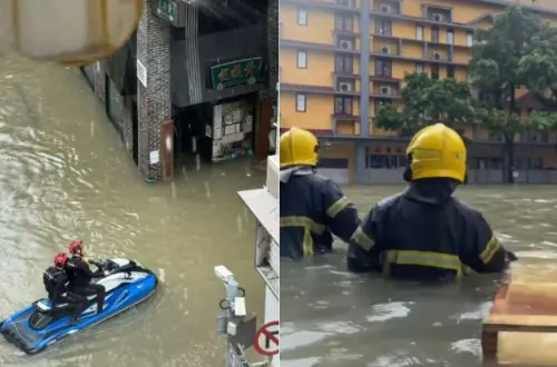 ▲樺加沙颱風造成澳門淹水災情，救難人員出動橡皮艇搶救。（圖／翻攝自臉書）