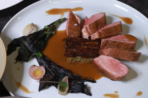 ▲「熟成鴨胸｜藥膳鴨醬｜油封鴨腿千層」將歐陸料理鴨胸結合薑母鴨的影子，味道很有趣。（圖／記者葉政勳攝）