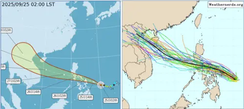 ▲最新氣象署「路徑潛勢預測圖」顯示，「輕颱博羅依」的動向與最新歐洲系集模式模擬類似，通過菲律賓、經海南島南側，侵襲越南北部。（圖／氣象應用推廣基金會．洩天機教室專欄）