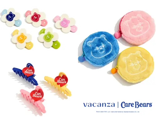 ▲vacanza x Care Bears聯名商品，左起：彈力夾、沙夾、飾品包。（圖／vacanza提供）