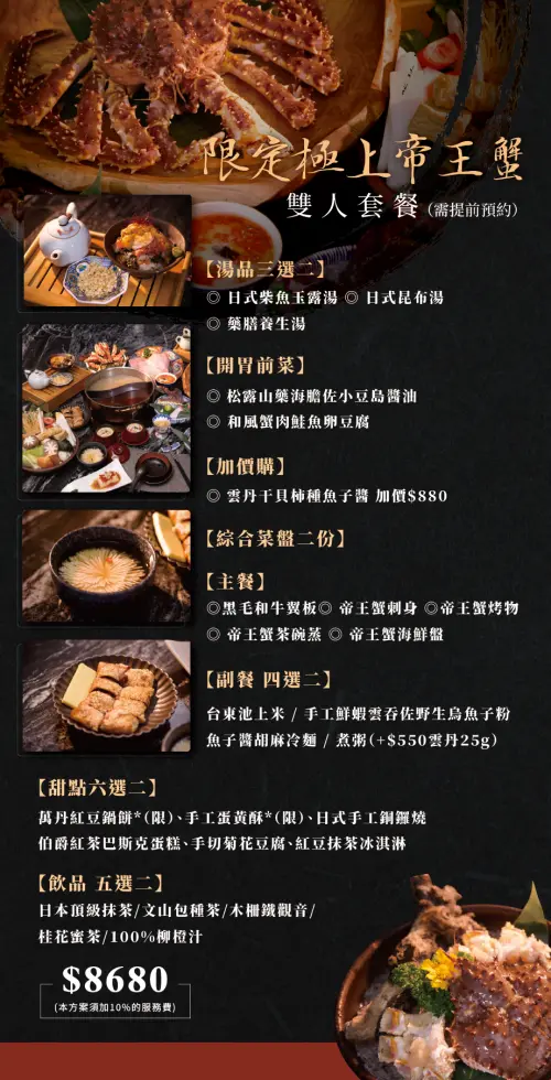 ▲帝王蟹五吃！二本松涮涮屋「日本極上帝王蟹雙人套餐」菜單一覽。（圖／二本松涮涮屋提供）