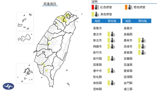 ▲氣象署高溫特報，提醒避免非必要的戶外活動、勞動及運動，注意防曬、多補充水份、慎防熱傷害。（圖／中央氣象署cwa.gov.tw）