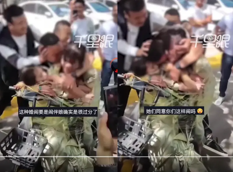 ▲中國陝西傳出離譜婚鬧事件，多名男子將兩名伴娘綁在單車上，按住另一名男子強吻，噁心畫面引發全網抨擊。（圖／翻攝自微博）