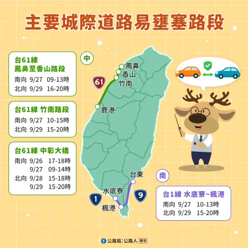 ▲教師節連假公路易塞車路段及時段。（圖／公路局臉書）