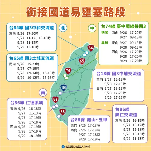 ▲教師節連假銜接國道易雍塞路段一覽。（圖／公路局臉書）