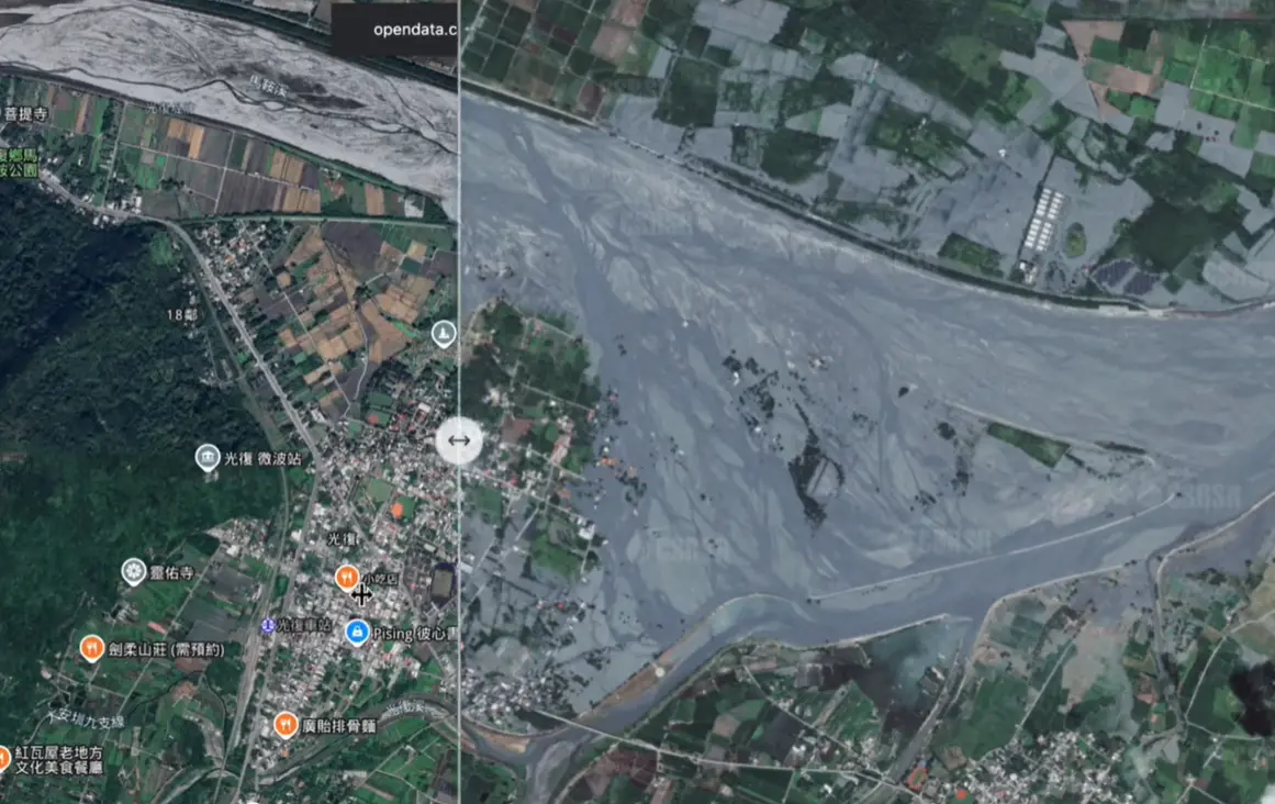 ▲粉專「GeoLab空間資訊實驗室」從太空及遙測研究中心最新的衛星圖像，整理出洪災前與洪災後，馬太鞍溪溢流區域的變化。（圖／翻攝畫面）