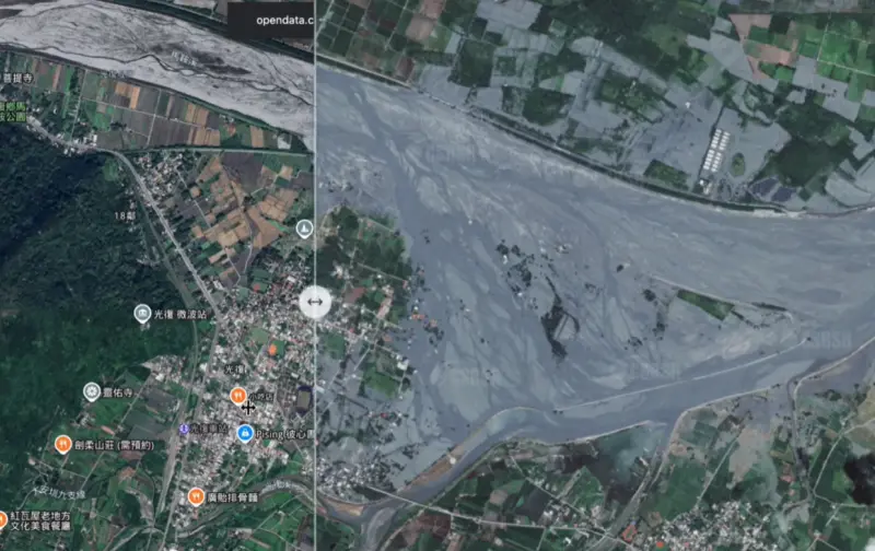 ▲粉專「GeoLab空間資訊實驗室」從太空及遙測研究中心最新的衛星圖像，整理出洪災前與洪災後，馬太鞍溪溢流區域的變化。（圖／翻攝畫面）