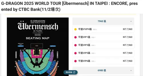 ▲GD台北大巨蛋演唱會門票開放中信卡友搶票，3分鐘內賣完。（圖／翻攝Ticket Plus遠大售票系統）