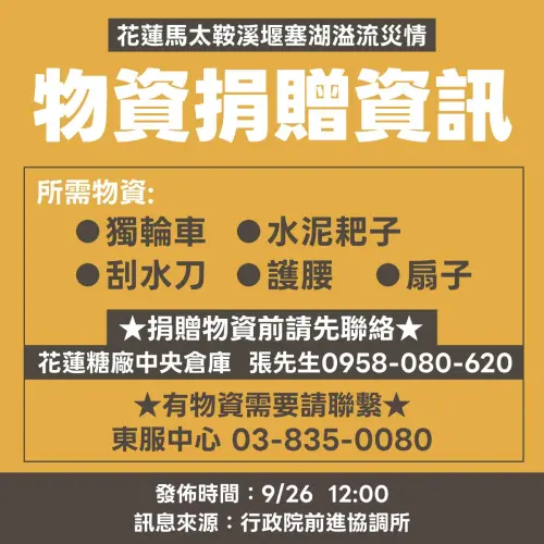 ▲災區目前所需物資包括獨輪車、水泥耙子、刮水刀、護腰、扇子。（圖／經濟部臉書）