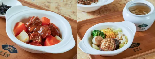 ▲「阿薩姆番茄燉牛腩」選用牛腩長時間燉煮，搭配牛番茄酸甜與日月潭阿薩姆紅茶醇香，暖胃又療癒；「鐵觀音三杯素鮑魚」則將素鮑魚、菇類與蔬菜融合鐵觀音茶韻和三杯醬