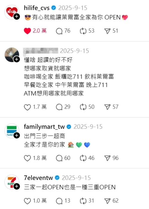 ▲網友分享三重「7-11、全家、萊爾富」三雄鼎立照片，留言區成3家超商小編較勁戰場。（圖／取自Threads）