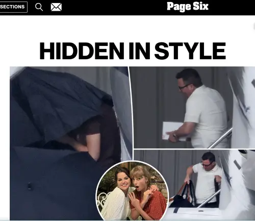 ▲泰勒絲（左）參加席琳娜（中左）的婚禮，一下飛機就被黑雨傘圍住，畫面非常特殊。（圖／摘自Page Six）