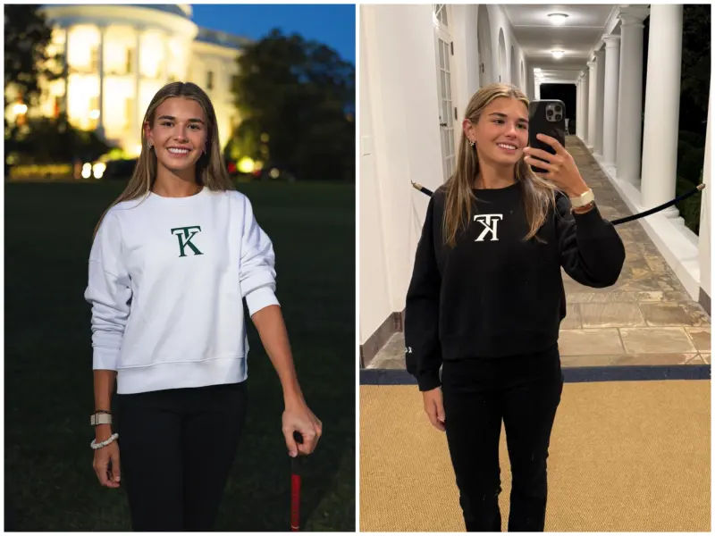 ▲美國總統川普（Donald Trump）年僅18 歲的孫女凱伊（Kai Trump），推出個人品牌服飾，還在白宮拍宣傳照。（合成圖／翻攝自X）