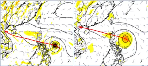 ▲根據最新美國及歐洲模式模擬圖顯示，下半週起、菲律賓東方海面又有熱帶擾動發展，模擬路徑偏西、通過菲律賓、進入南海，大致朝海南島方向前進；但是還有其他模式的模擬，強度偏弱、路徑亦偏西，各國模式皆存在不確定性，應續觀察。（圖／氣象應用推廣基金會．洩天機教室專欄）
