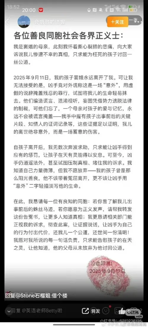 ▲近來網路瘋傳于朦朧母親的「告冤書」，上頭還有血手印稱「我兒子的離世絕對不是意外。」（圖／翻攝自小紅書）