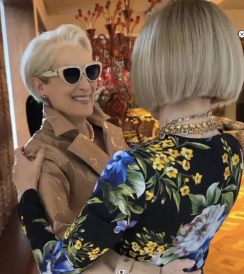 ▲梅莉史翠普（左）與安娜溫圖爾（右）意外在米蘭時裝秀的現場相逢，一見面就擁抱。（圖／摘自 IG@voguemagazine)