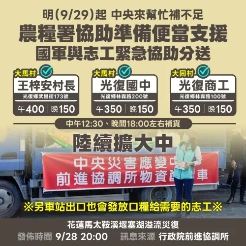 ▲經濟部安排農糧署每日準備便當送至指揮中心，再由國軍和志工協助緊急分送。（圖／經濟部）