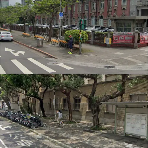 ▲手機主人在台北市中山北路與青島東路口的YouBkie站點（上）將iPhone移留在置物籃，但隔天憑定位功能找回的地點在北方幾百公尺行道樹的樹洞裡 （下）。（圖／翻攝Google Maps）