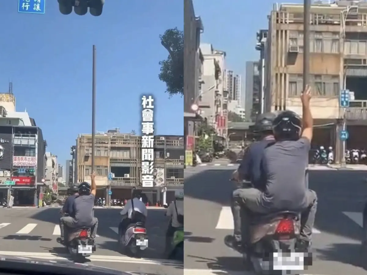 ▲民眾拍下，高雄近日有機車後座乘客，抱著一根約三米長的塑膠水管行駛在路上。（圖／翻攝社會事新聞影音）