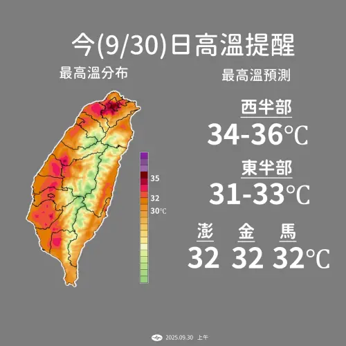 ▲今（30）日各地天氣晴朗炎熱，雙北氣溫飆破36度，整個西半部普遍也都來到34至36度。（圖／中央氣象署cwa.gov.tw）