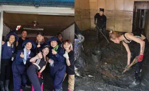 ▲《角頭》王宣（中下）化身鏟子超人救災！淚曝花蓮災區現況：一看到只想哭。（圖／王宣IG@angelwang0309）