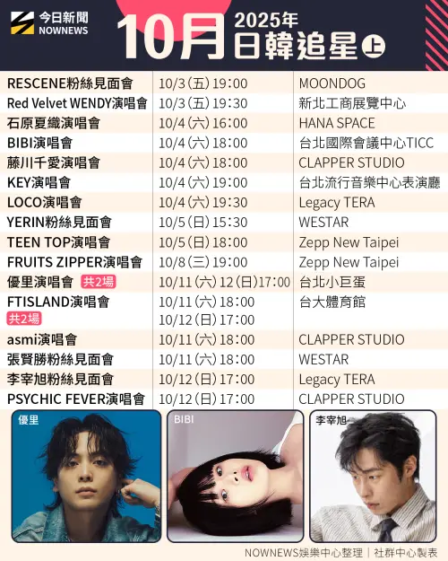 ▲▼10月份的韓星、日星在台完整開唱行程表。（圖／大鴻藝術BIG ART、超級圓頂SUPER DOME、Live Nation Taiwan 理想國、D-SHOW、開麗娛樂、UJIN Entertainment）