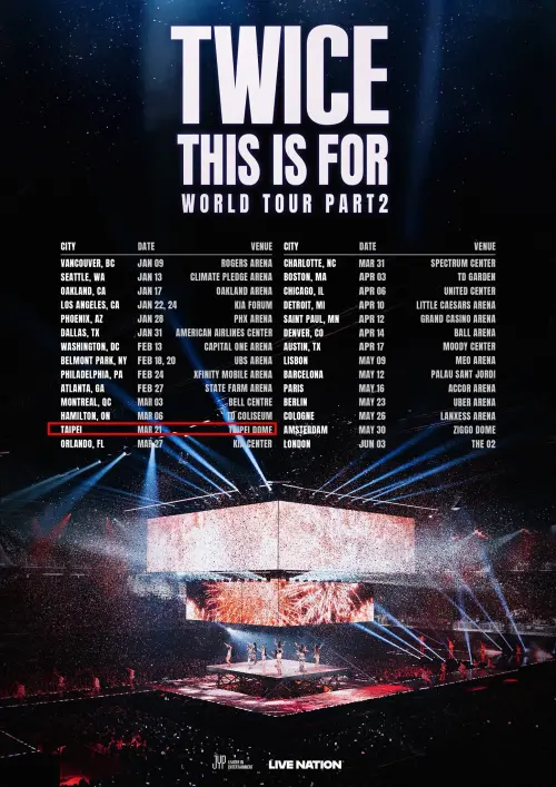 ▲JYP娛樂宣布TWICE的巡演《THIS IS FOR》來到2.0，確定有台灣場，3月21日台北大巨蛋開唱。（圖／TWICE@JYPETWICE）