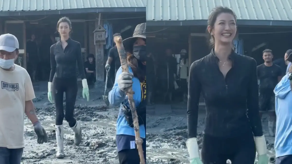 ▲國際名模吳宜樺現身花蓮災區，苦中作樂在泥濘中走秀，瞬間引爆流量。（圖／網友weilee＠Threads授權使用）