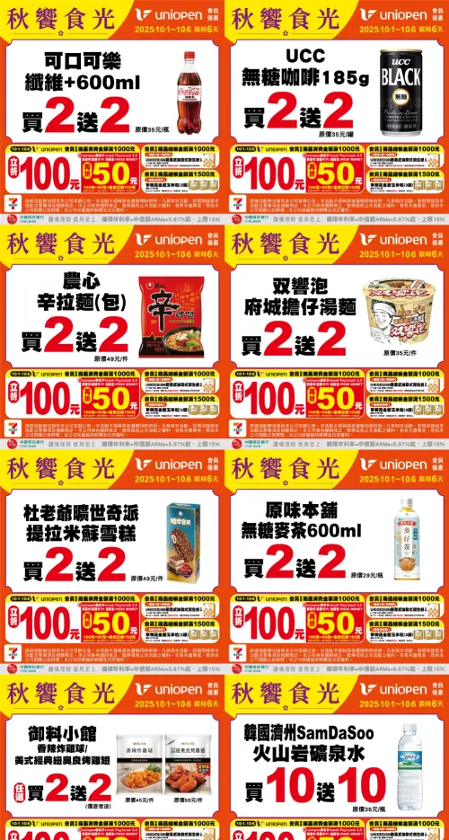 ▲7-11自10月1日至10月6日連續6天優惠，可樂、咖啡、泡麵都有買2送2。（圖／業者提供、記者整理）