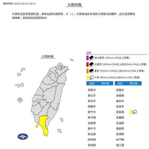 ▲中央氣象署發布「大雨特報」，今天午後屏東地區有局部大雨發生的機率。（圖／中央氣象署cwa.gov.tw）