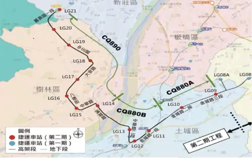 ▲土城樹林線路線圖。規劃為中運量捷運，全長13.3公里，設2座地下車站，11座高架車站。（圖／新北捷運工程局提供）