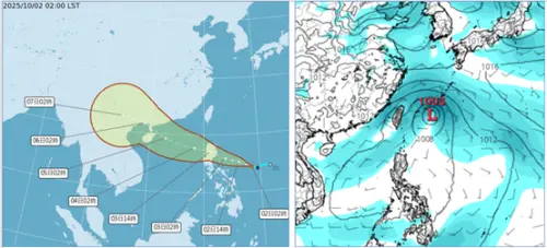 ▲氣象署「路徑潛勢預測圖」顯示，熱帶低壓今日將發展為「麥德姆」，偏西北西、通過呂宋島、進入南海，5日颱風中心通過雷州半島。最新歐洲人工智慧模式，模擬圖顯示，台灣東方海面則另有一熱帶擾動。（圖／氣象應用推廣基金會．洩天機教室專欄）