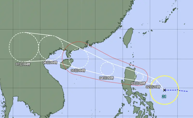 ▲今年第21號颱風「麥德姆」，今（2）日上午生成，路徑將往西移動。（圖／日本氣象廳）