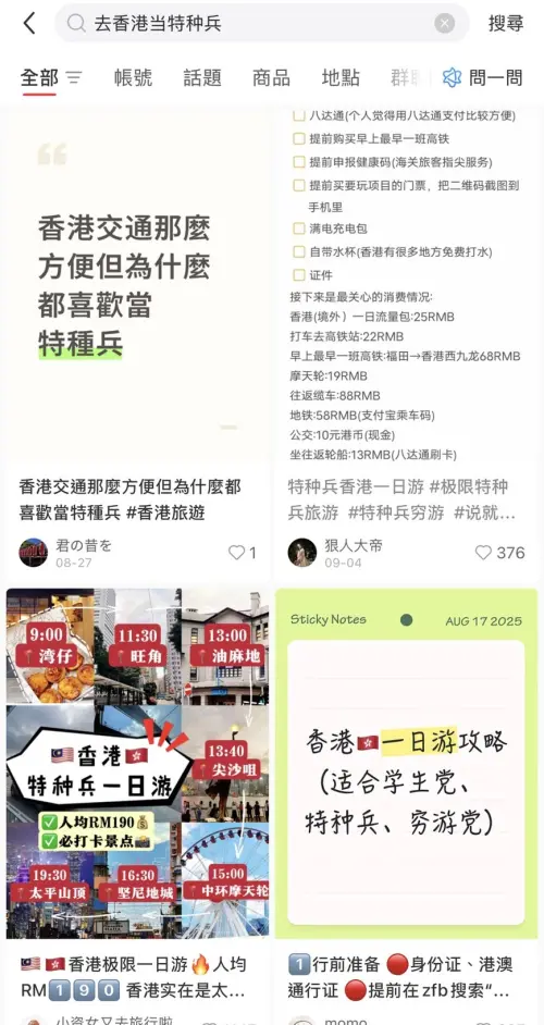 ▲在中國社群平台小紅書上，有許多「香港特種兵」、「特種兵香港一日遊」的旅遊攻略。（圖／翻攝自小紅書）