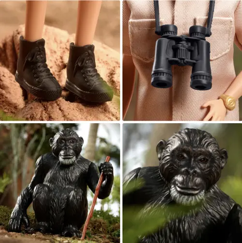 ▲珍古德最為人知的探索裝扮，身旁是東非第一隻信任她的「大衛」黑猩猩。（圖／翻攝自美泰兒官網）