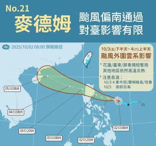 ▲麥德姆颱風路徑大致上往西北西移動，預計明天會穿越呂宋島北部陸地，之後往海南島、廣東沿海、雷州半島一帶移動。（圖／中央氣象署cwa.gov.tw）