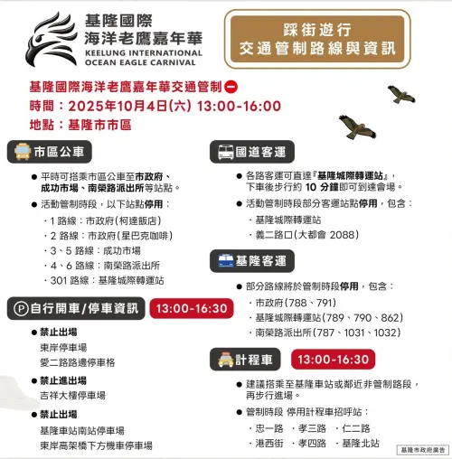 ▲「2025基隆國際海洋老鷹嘉年華」交通資訊（圖／翻攝基隆市文化觀光局臉書）