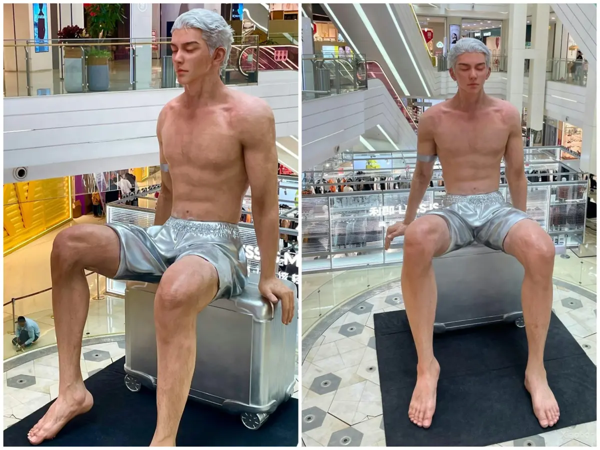 ▲中國山西一處商場室內擺出一座10公尺高的巨人雕塑，皮膚上的紋理和毛孔栩栩如生，視覺衝擊力相當強，成功在社群網路創造話題。（合成圖／翻攝自微博）