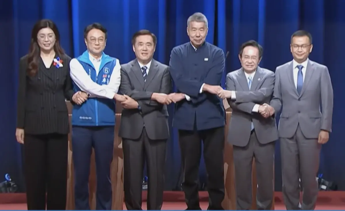 ▲國民黨主席選舉今登場，候選人包括鄭麗文（左起）、卓伯源、郝龍斌、張亞中、蔡志弘、羅智強。（圖／翻攝畫面）